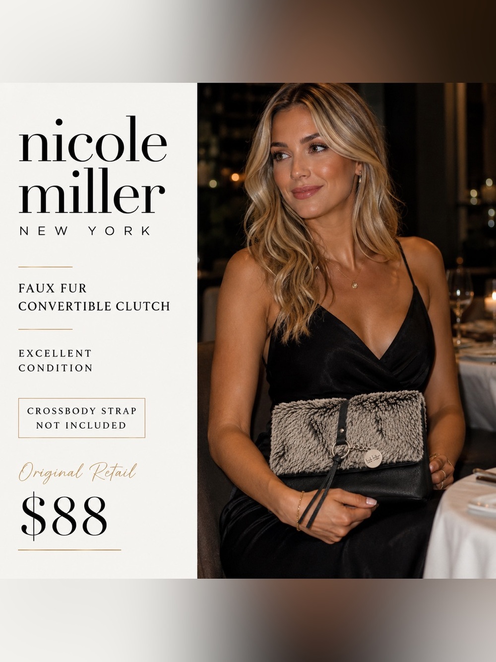 Nicole Miller Taupe Faux Fur and Black Convertible Clutch